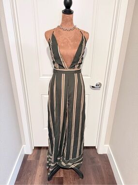 Hommage Los Angeles Striped Wide Leg Jumpsuit Deep V Olive Green Boho L